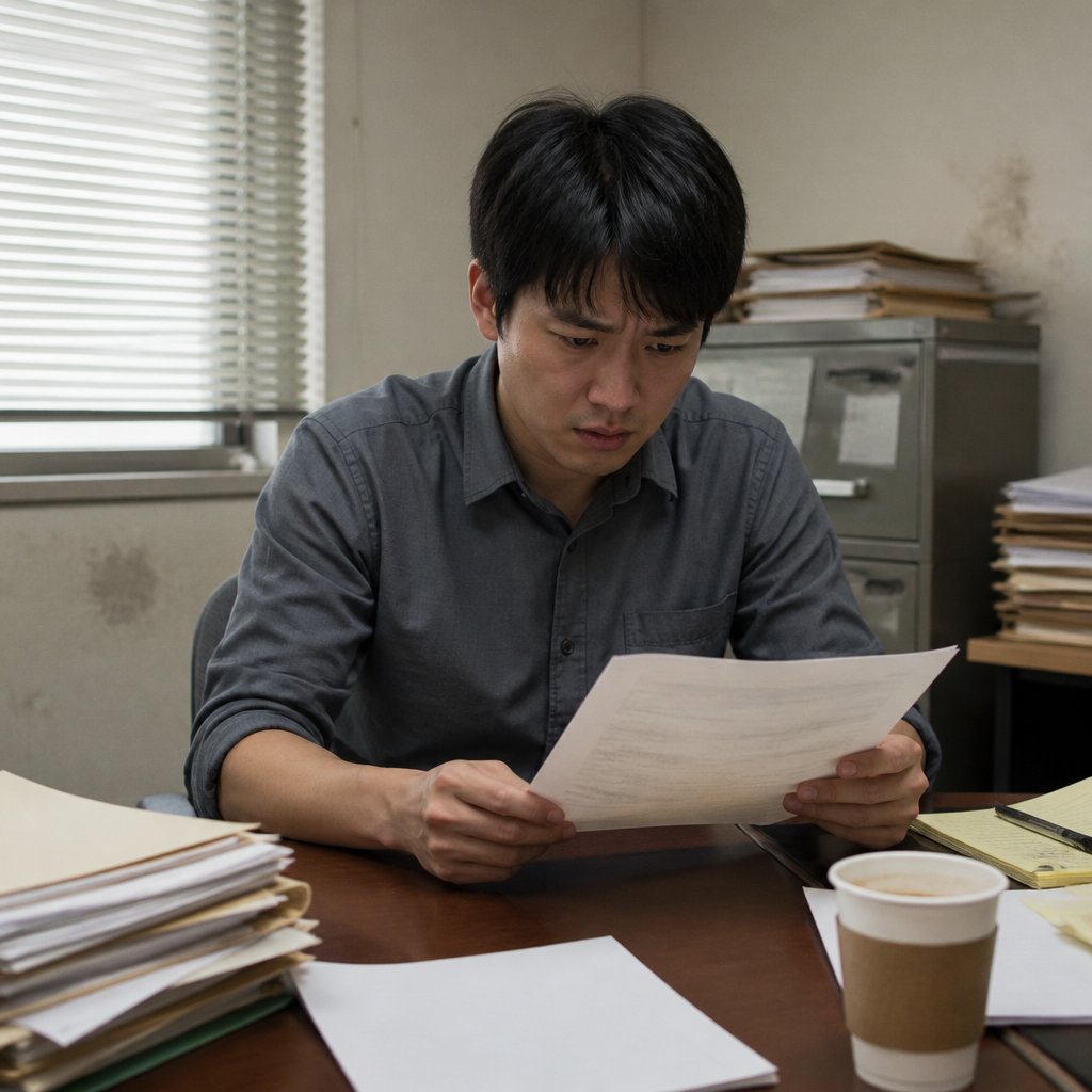 Man holding printed email sitting at cluttered office conference table, looking concerned.
