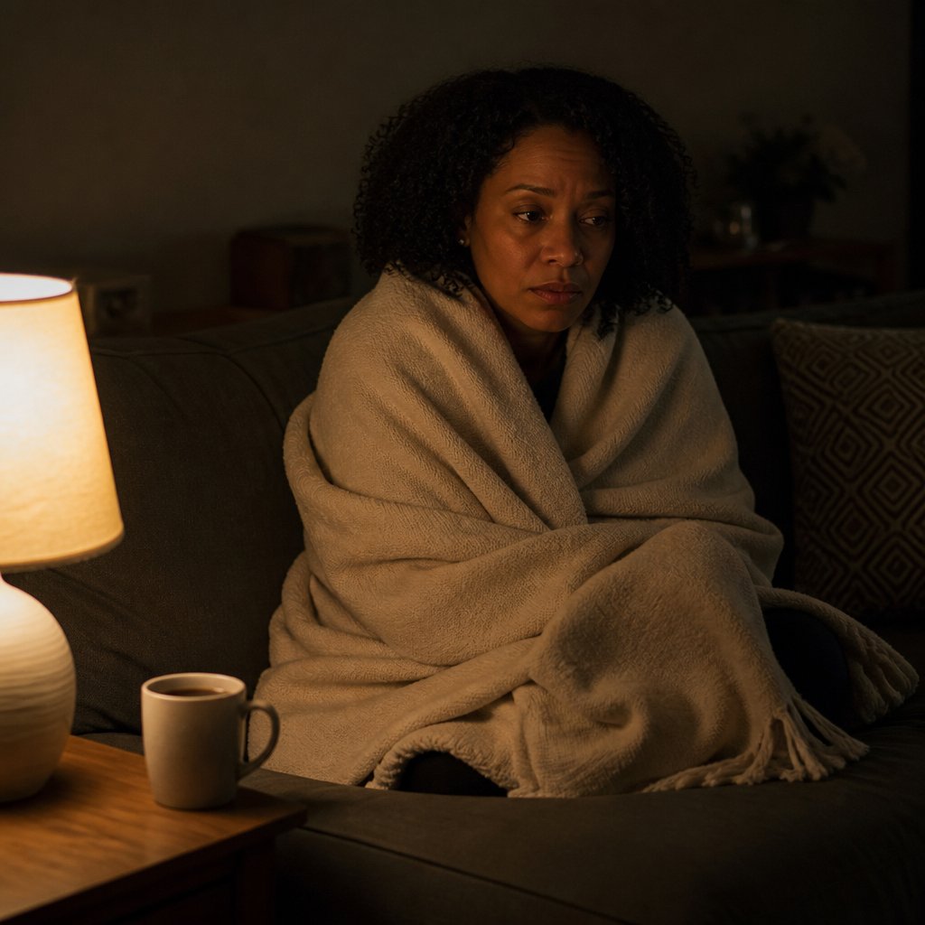 Woman sitting alone on couch late at night looking upset and exhausted