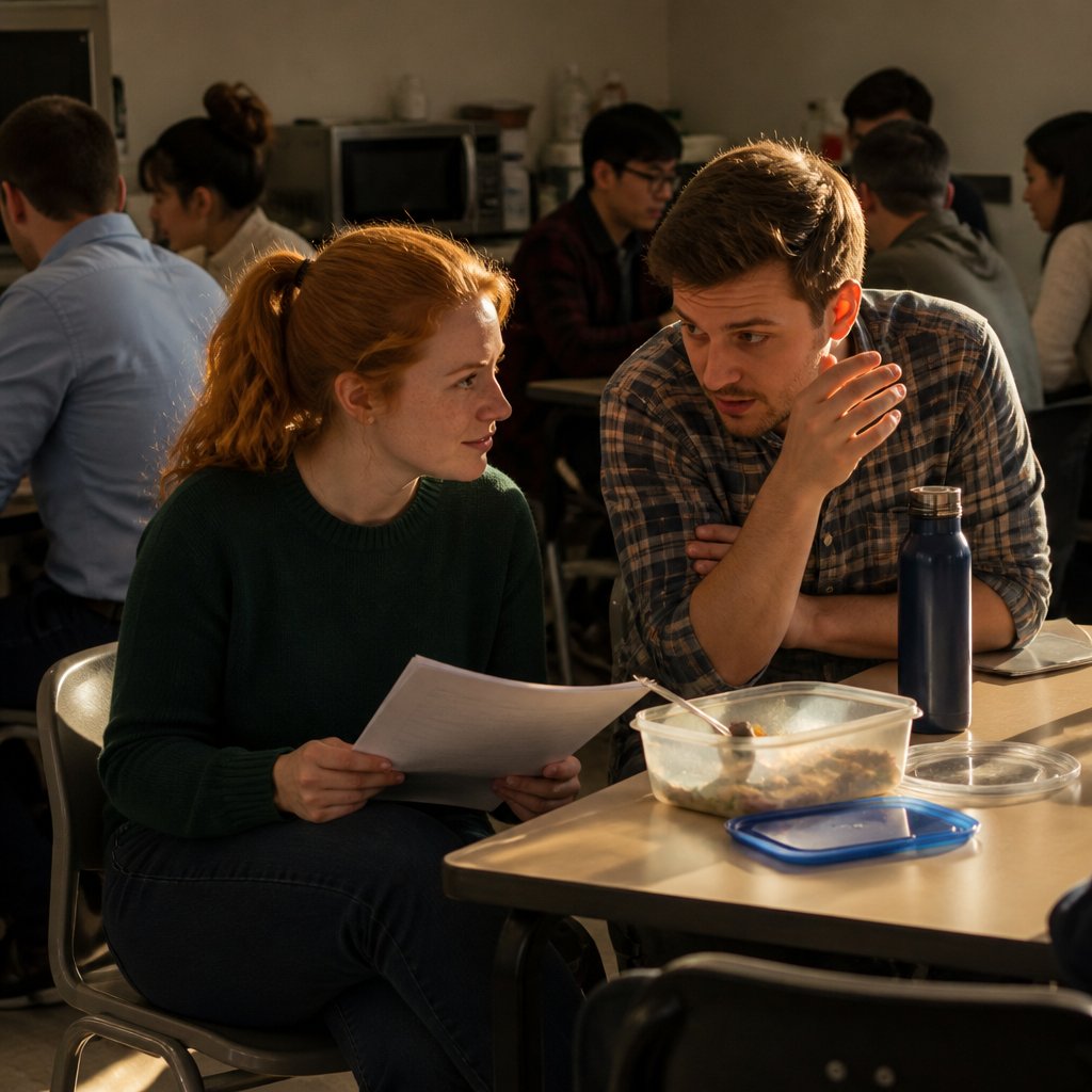 A freckled red-haired woman and a coworker exchange documents quietly at a crowded cafeteria table.