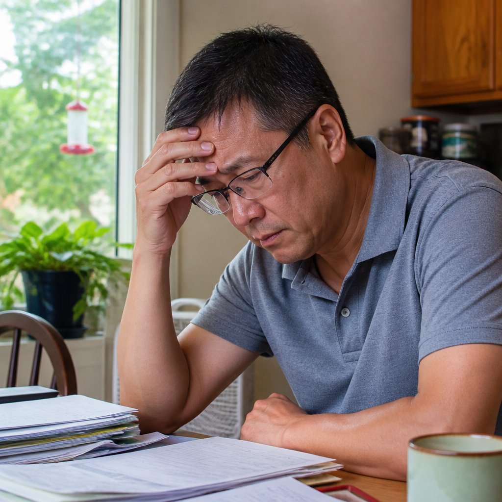 Man sitting at kitchen table surrounded by papers, looking worried.