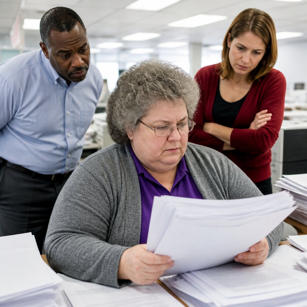 Woman in glasses and colleagues examining printed audit logs in an office setting.