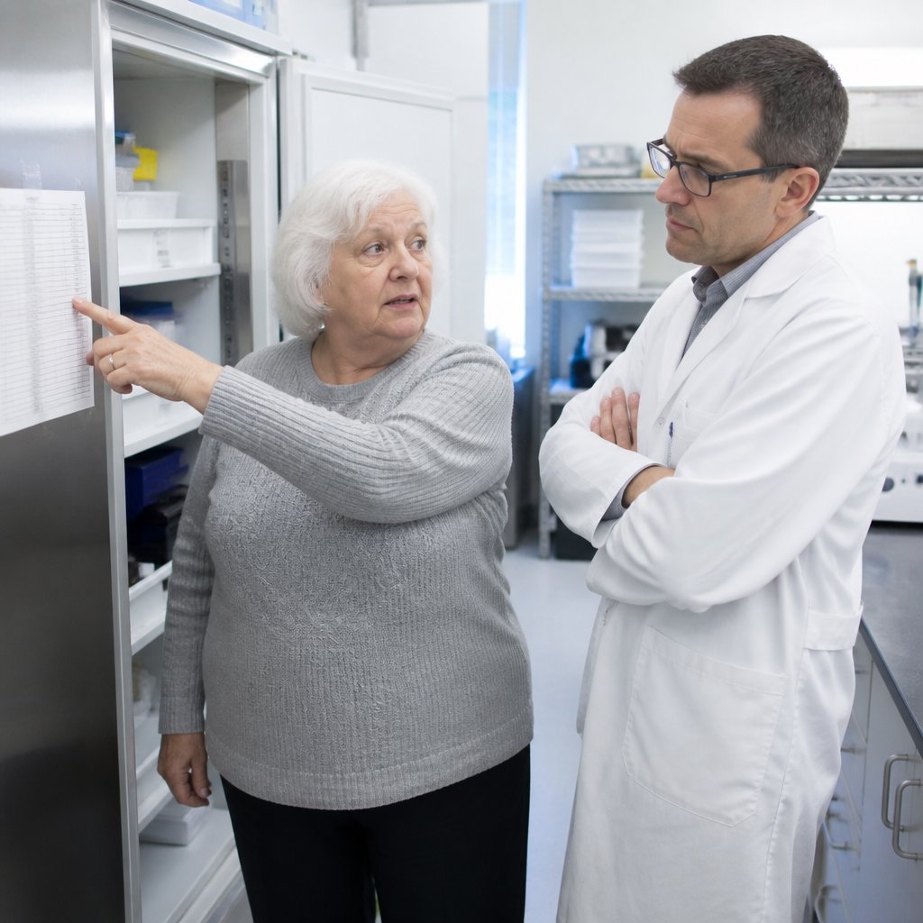 Older white woman points to temperature logs by lab refrigerator while a man watches skeptically.