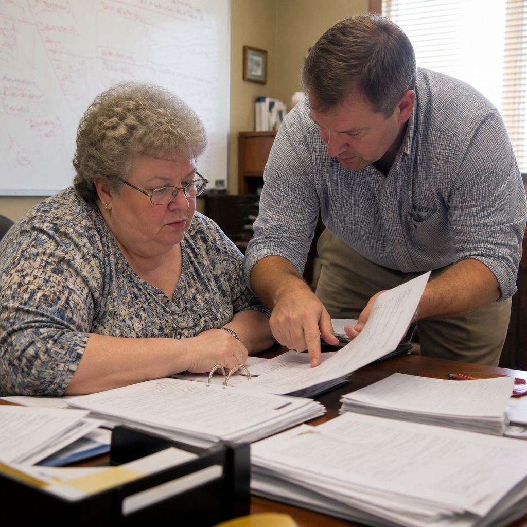 Woman and her lawyer examining internal chat transcripts and discovery files spread across a cluttered office desk.