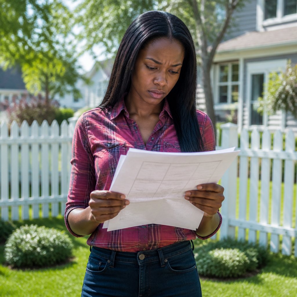 Woman holds survey documents in backyard, looking stressed yet determined near a white picket fence.