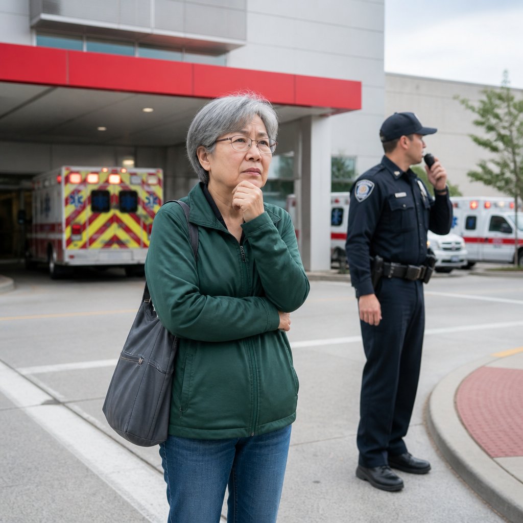 Older East Asian woman near hospital entrance with police officer talking on radio, looking worried.