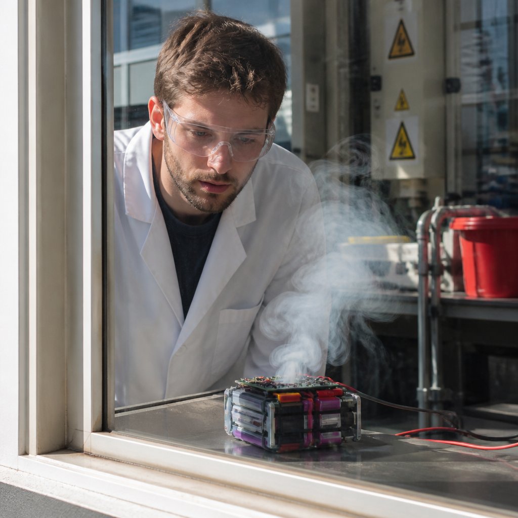Lab technician watching a battery vent smoke during a safety test.