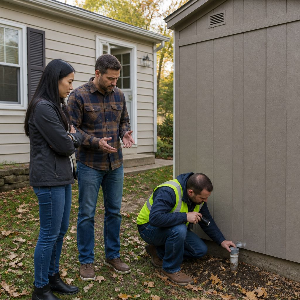 Inspector examining capped conduit near a small shed while two people discuss in a suburban yard.