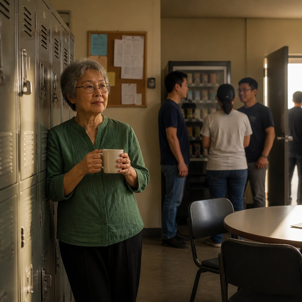 Older East Asian woman in a company break room holding a coffee cup, glancing toward an open door as coworkers chat nearby.