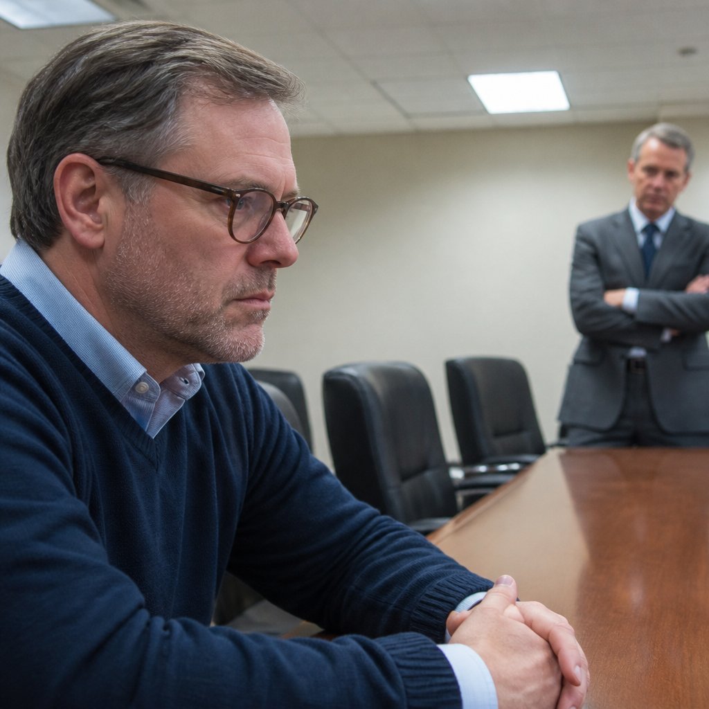 Man listening tensely to lawyer during hospital legal meeting in a plain conference room