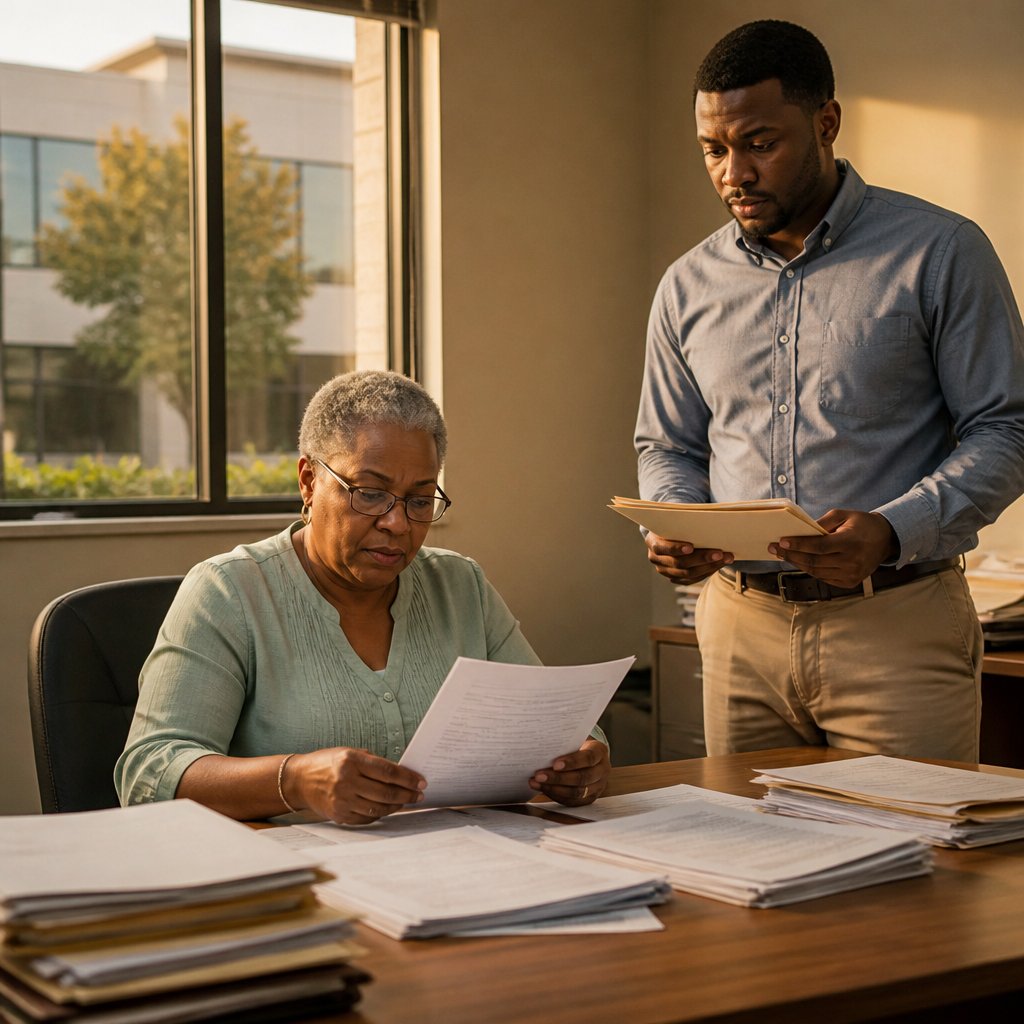 Black woman reviewing printed email chain in HR office with a colleague, both serious.