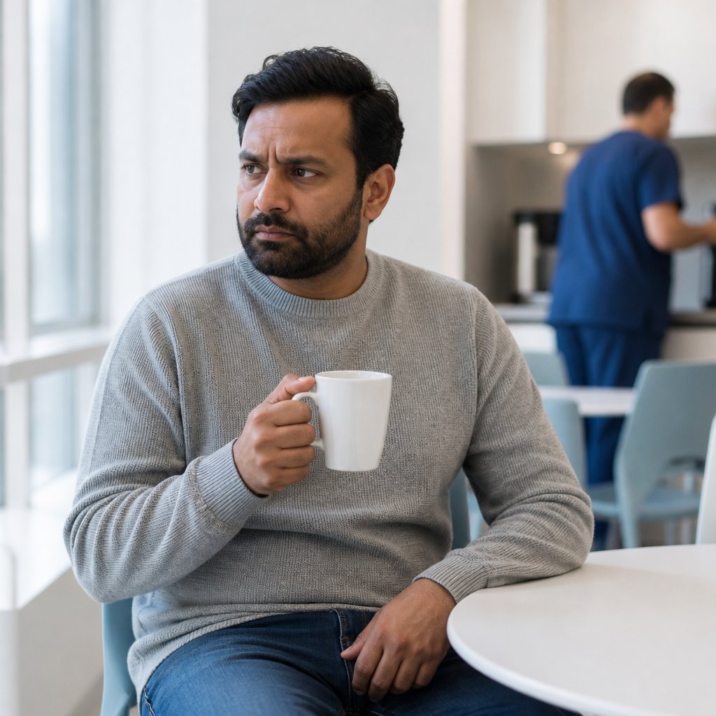 Man in hospital break room contemplating troubling emails over coffee