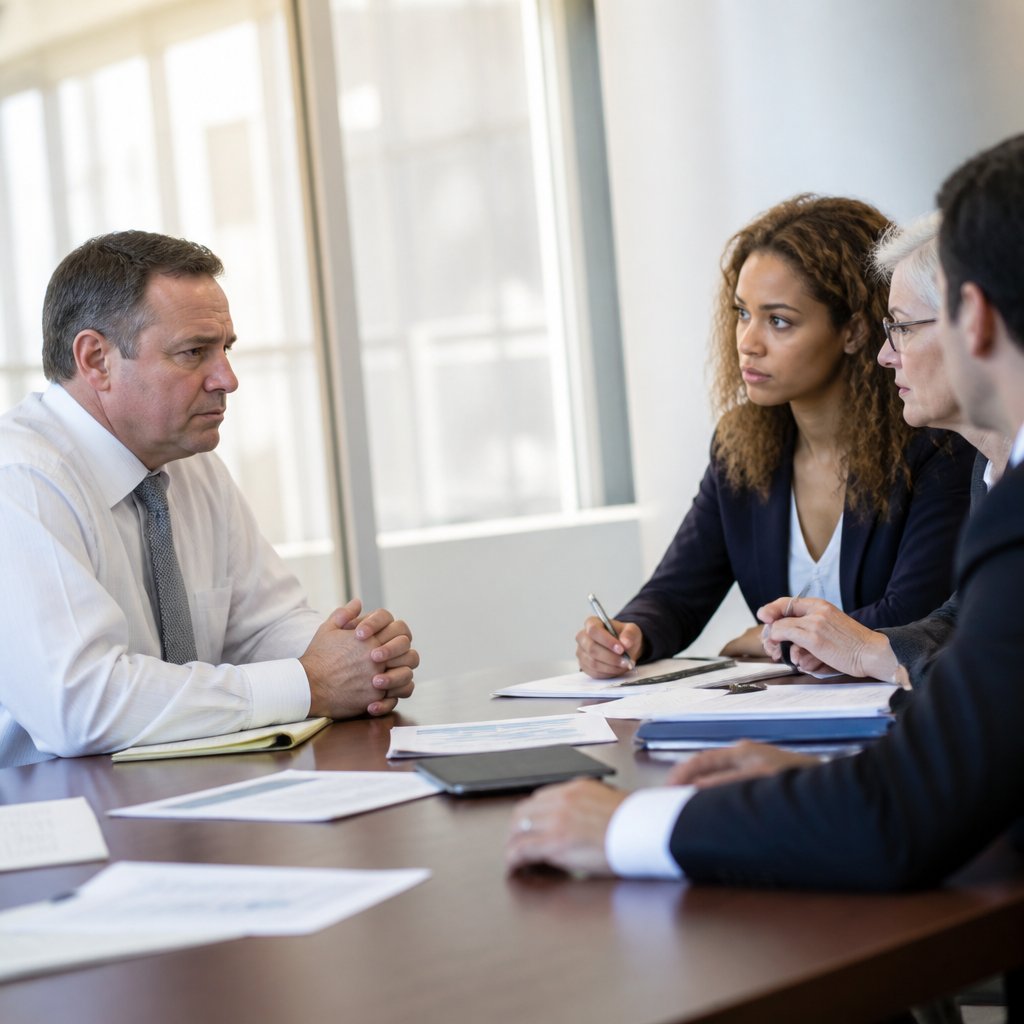 Business manager in a white shirt and tie appears uneasy during a deposition in a meeting room.