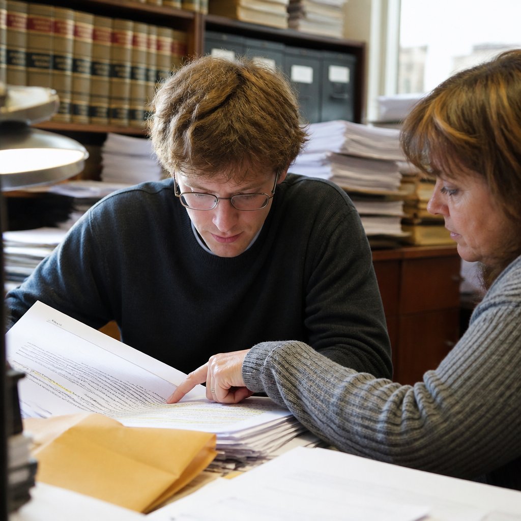 Lawyer and client reviewing whistleblower documents late at night in a cluttered office.