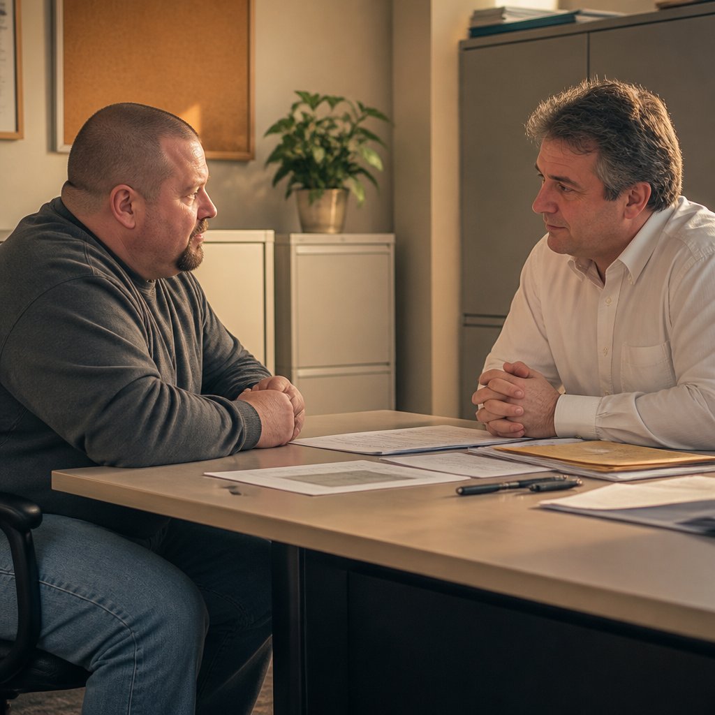 Heavyset man with buzzcut in gray sweater sitting across from graying middle-aged man in white shirt during a deposition in an HR office.