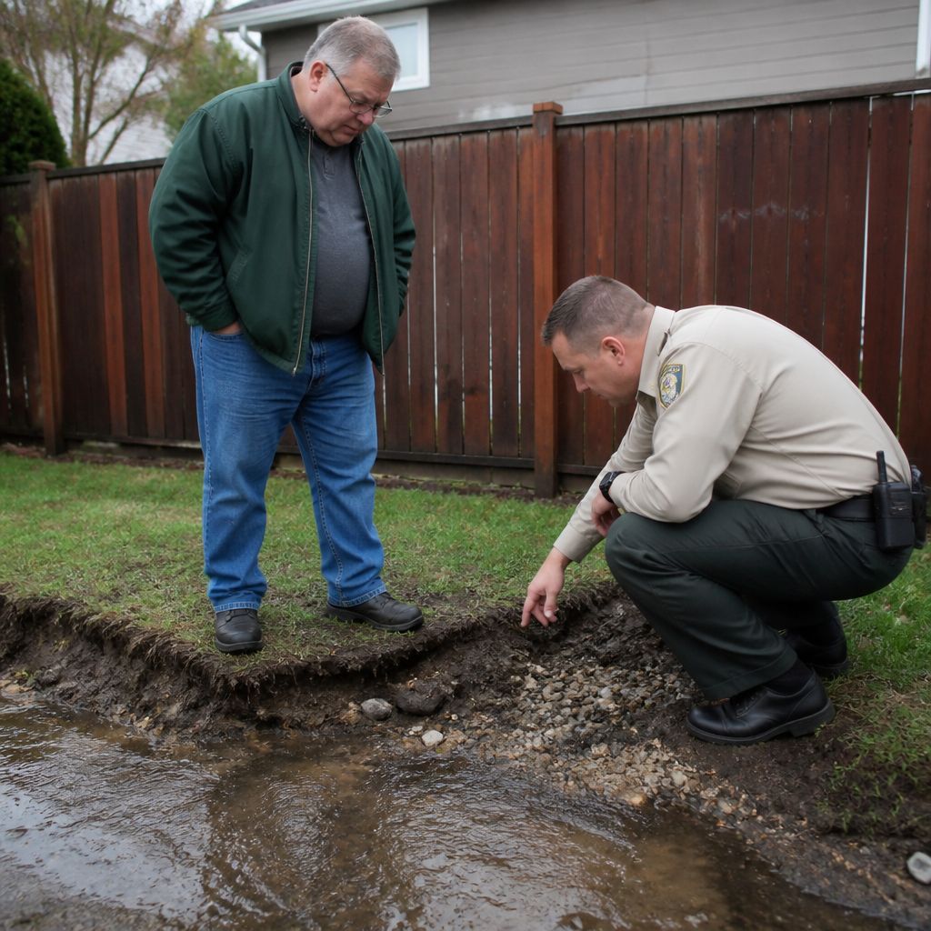 Man and city inspector examine water damage and eroded soil by a backyard fence.