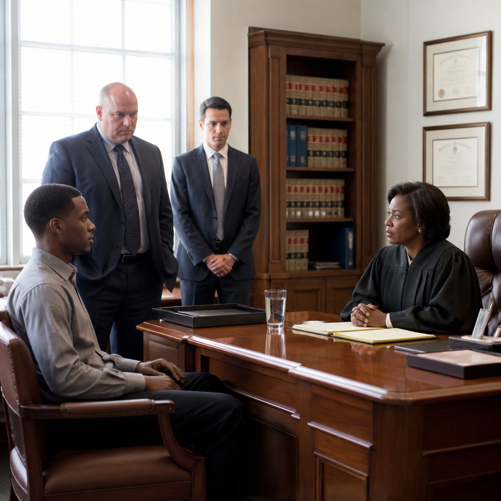 In a judge's chambers, a man sits determinedly across from a judge, with lawyers standing behind them, all serious and tense.