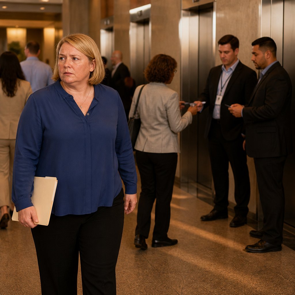 Woman holding document in office hallway as security guards check badges nearby.