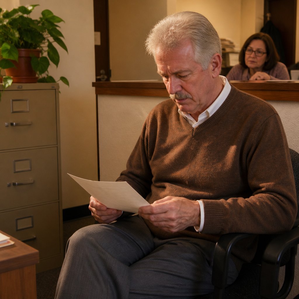 Older white man reading a letter with concern in a cramped HR office.
