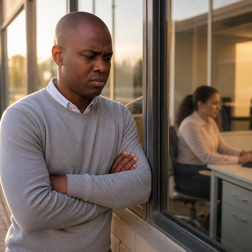 Black man standing with crossed arms outside HR office, looking frustrated through glass wall.