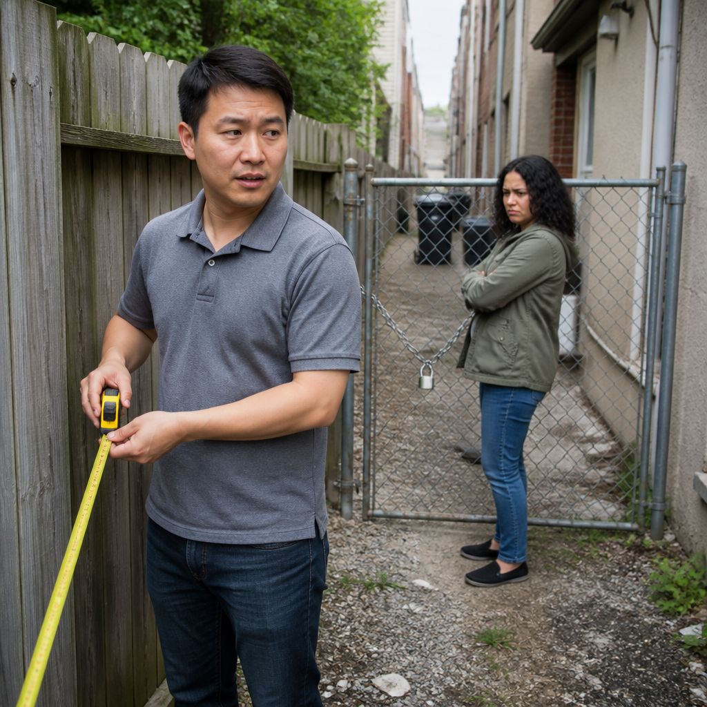 Man and woman inspecting property line near chain-locked alley gate with visible fence encroachment.