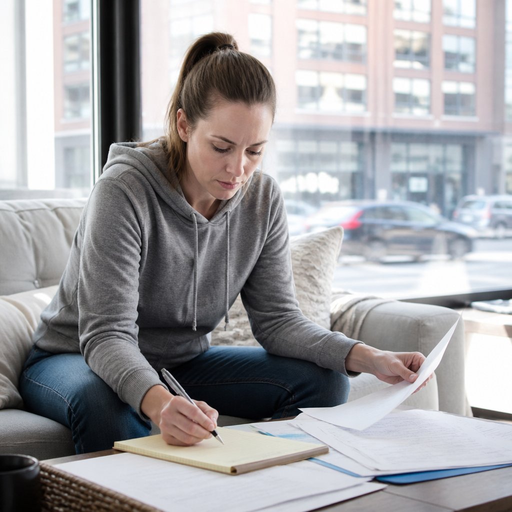 Woman in hoodie in apartment writing paperwork, focused and anxious