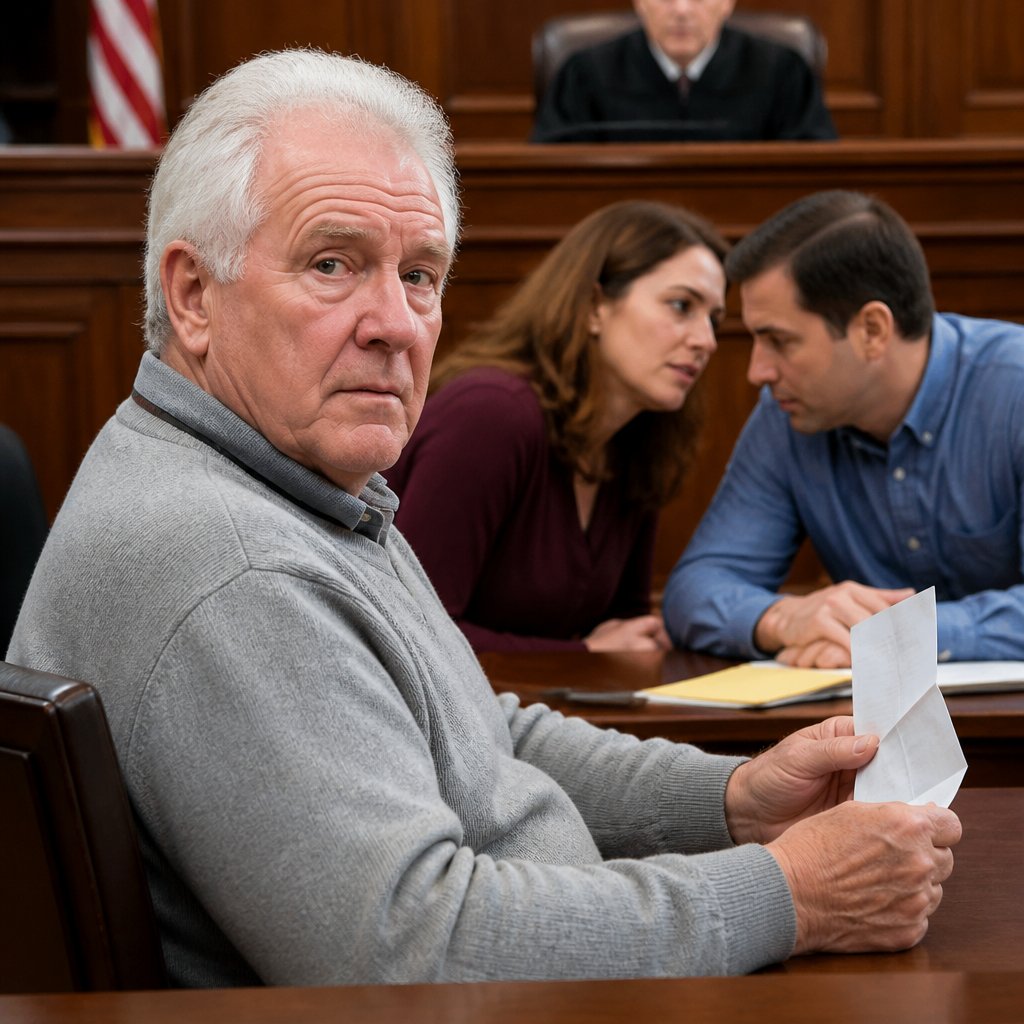 Older man examines a printed email in court while others whisper nearby, awaiting verdict.