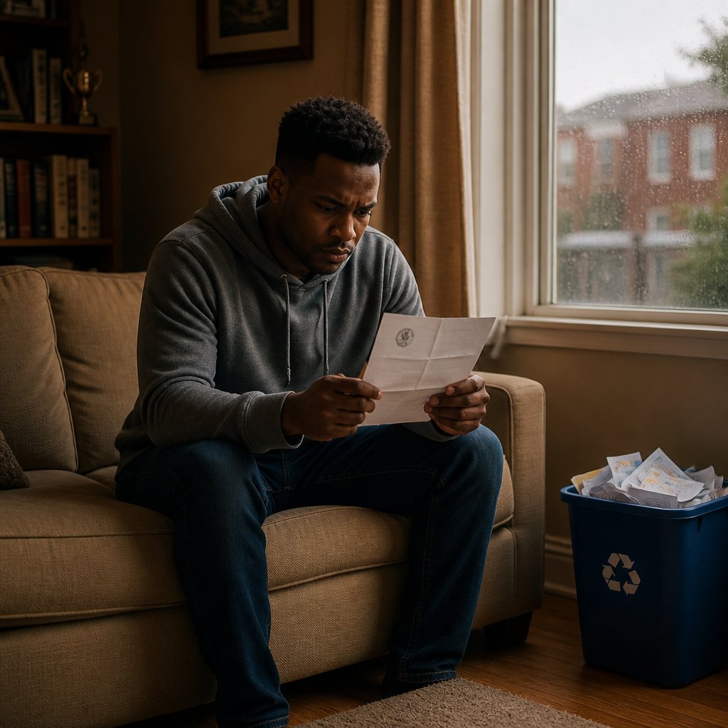 A Black man on a couch reading a formal letter with a serious expression
