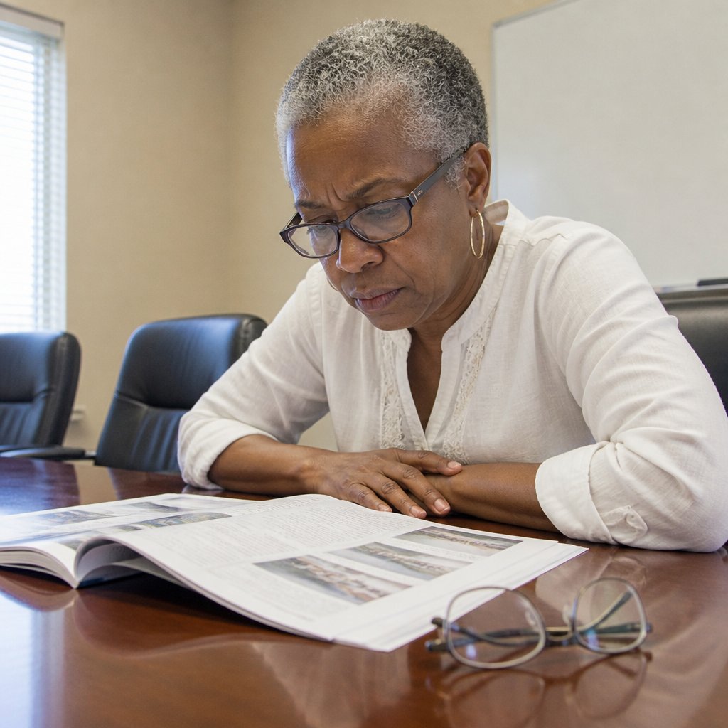 Woman studying a city inspection report in a conference room.