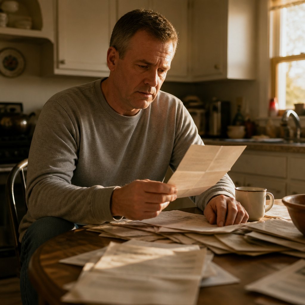 Man in gray sweatshirt reads a letter at kitchen table, looking worried.