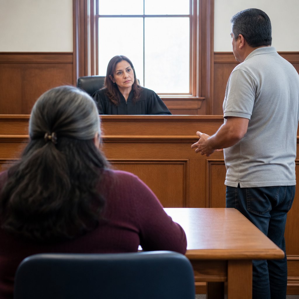 Judge questioning a man in a gray polo shirt while a woman watches from the table.