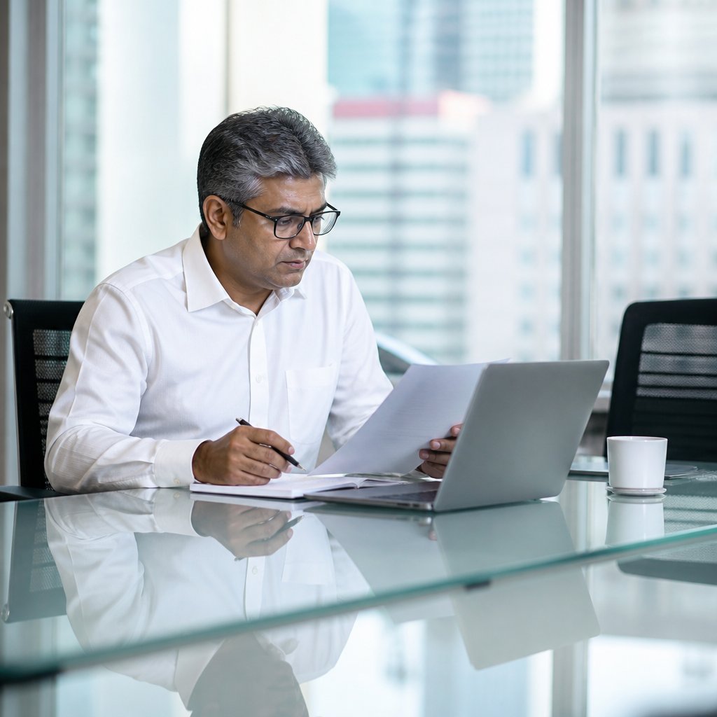 Man reviewing printed emails and documents at a conference table