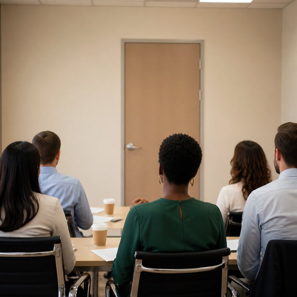 Group of people seated in office hallway watching closed conference room door, woman with short cropped hair in dark blouse, papers and coffee cups on table