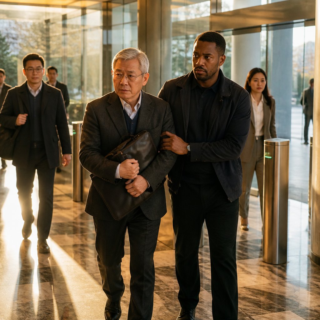 Older East Asian man escorted by security through corporate lobby at badge deactivation.