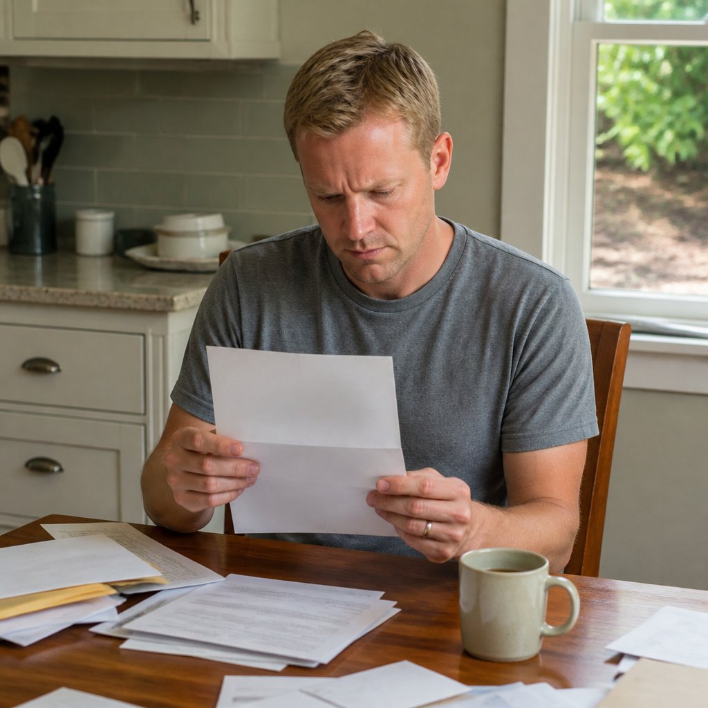 Man at kitchen table reading a formal letter, looking concerned, with garden visible through window.