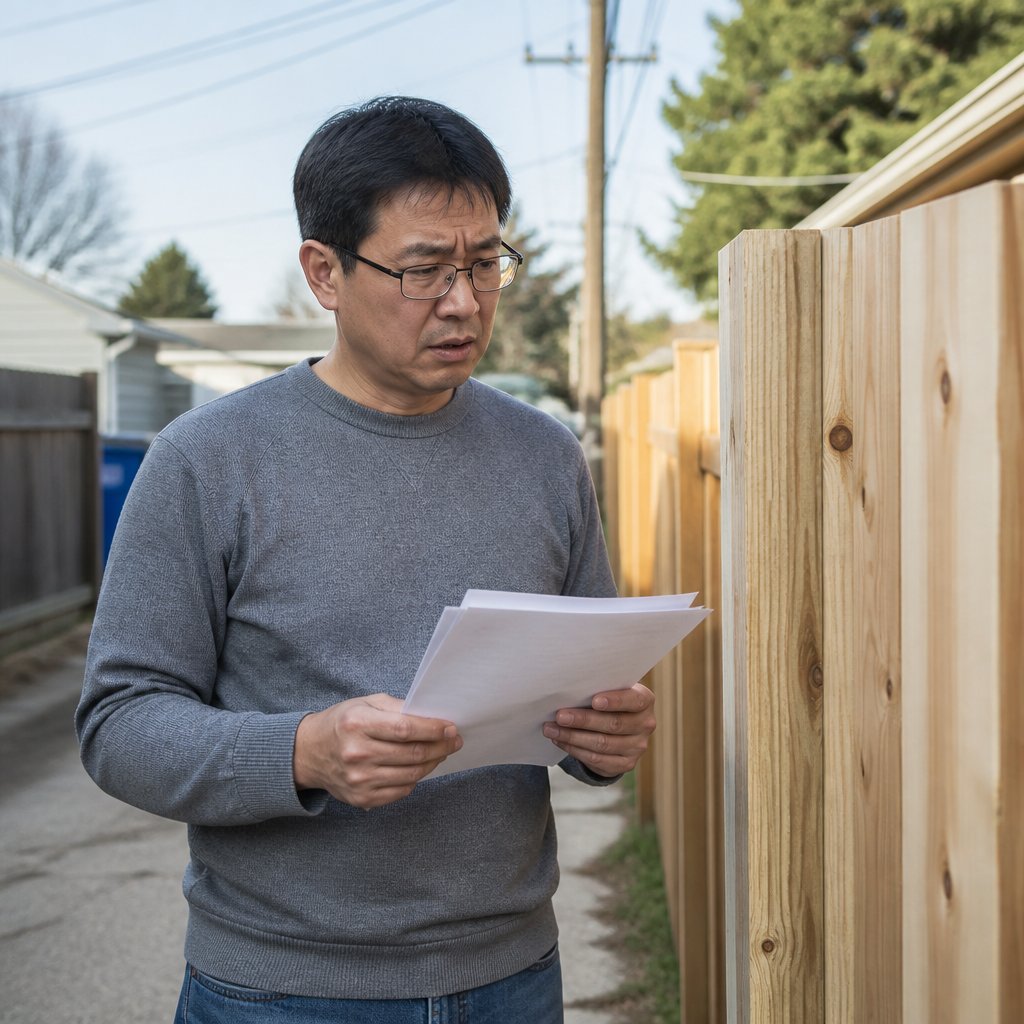 Man standing by new fence posts holding utility notices in a suburban alley