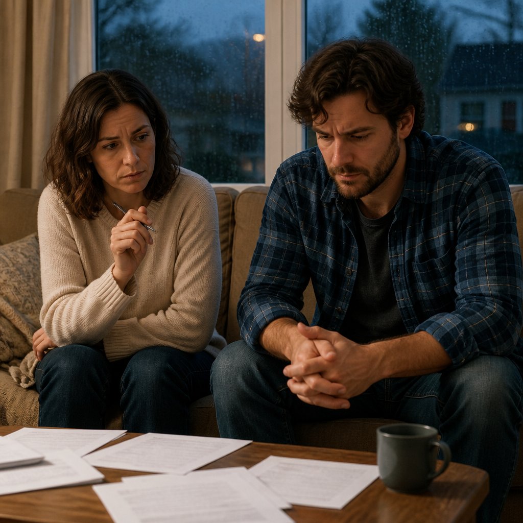 Protagonist and Dana hesitating over settlement papers in their living room, rain outside.