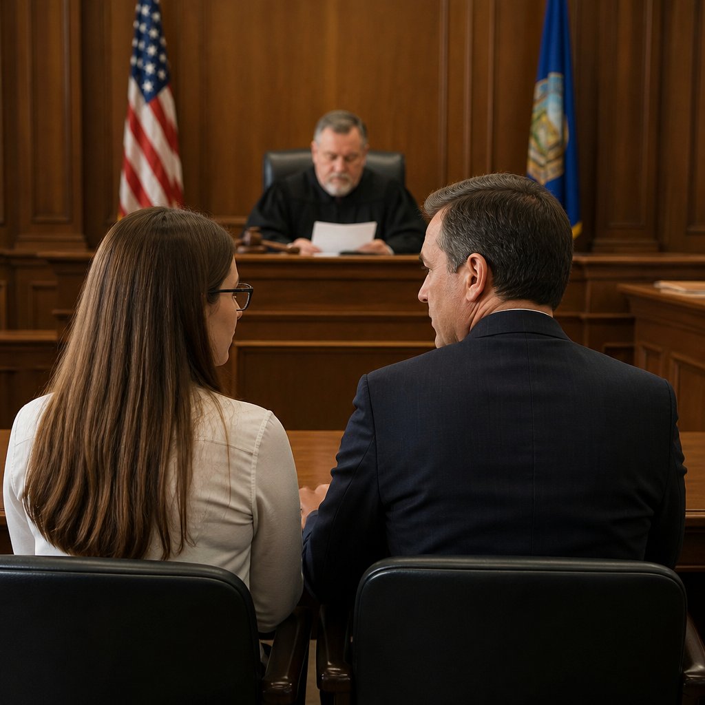Courtroom scene with plaintiff and lawyer listening as judge discusses missing video evidence.