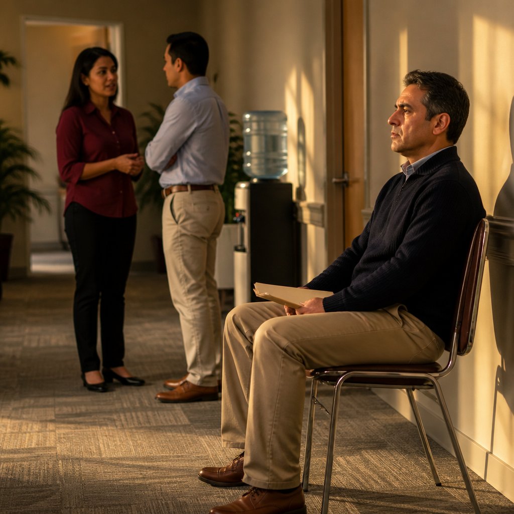 Man awaits deposition in hallway while colleagues talk quietly nearby.