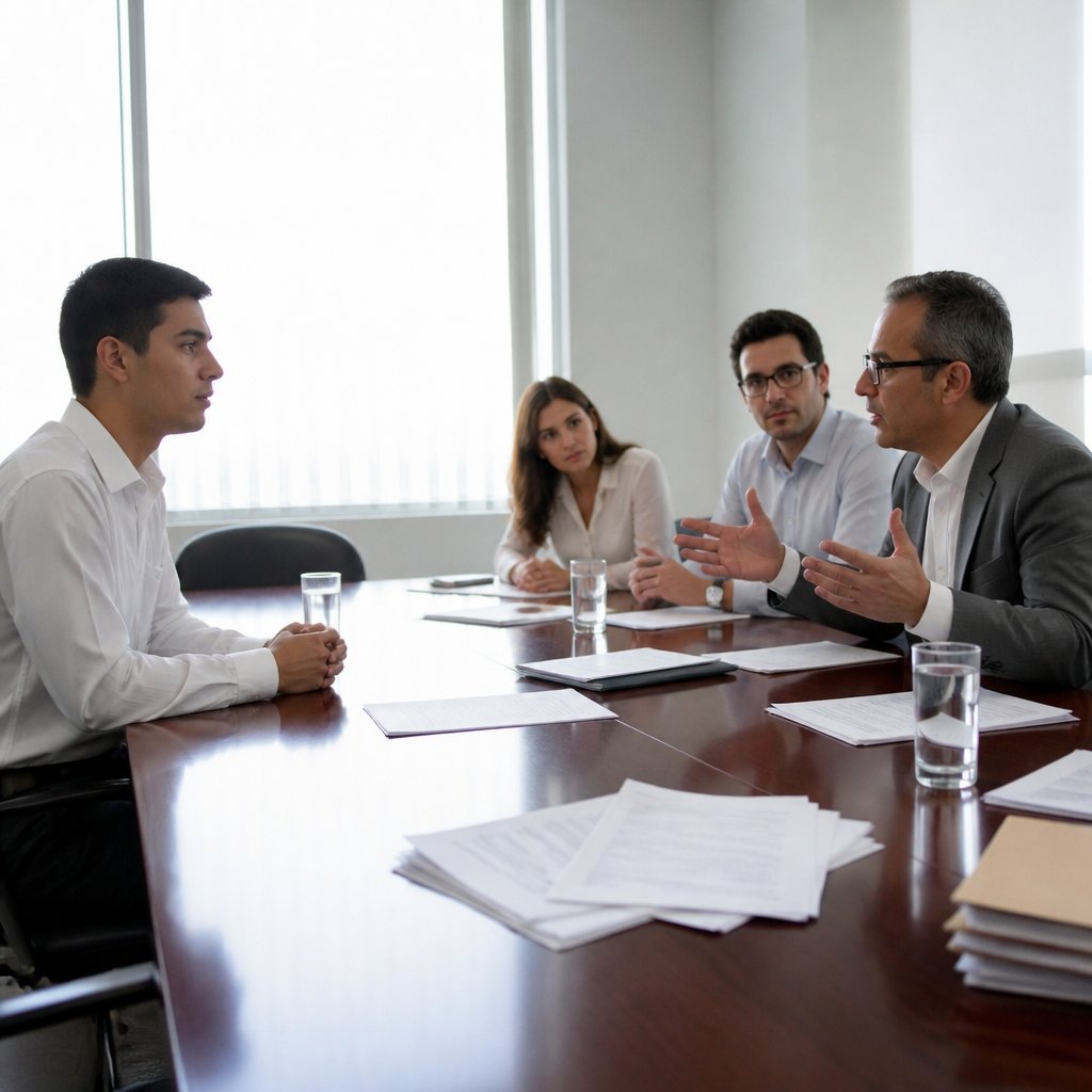 Young Latino man listens intently during deposition while a middle-aged man testifies in a formal conference room.