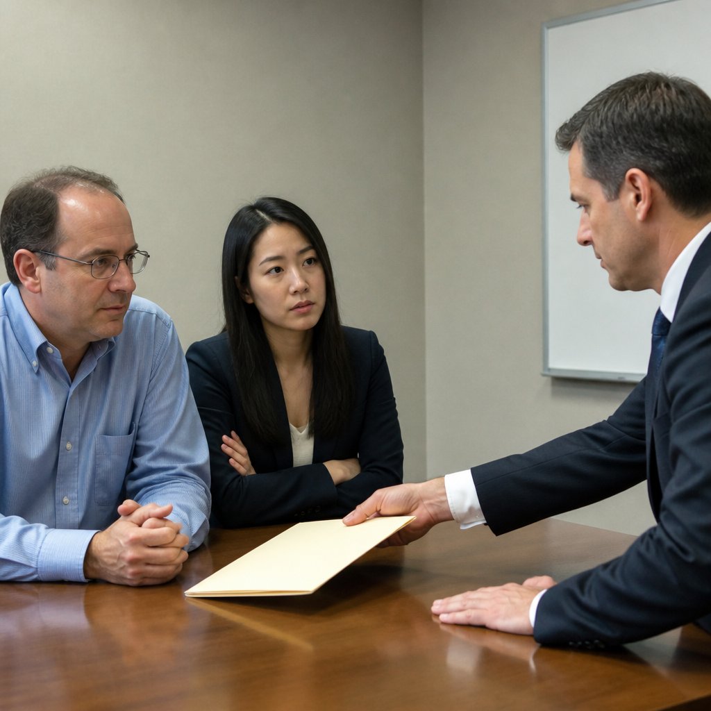 Medical director admits limited involvement while lawyers discuss arbitration in a conference room.