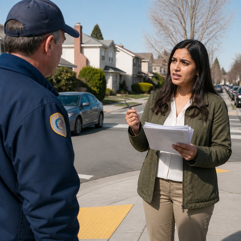 Woman handing printed documents to a city official on a residential street.