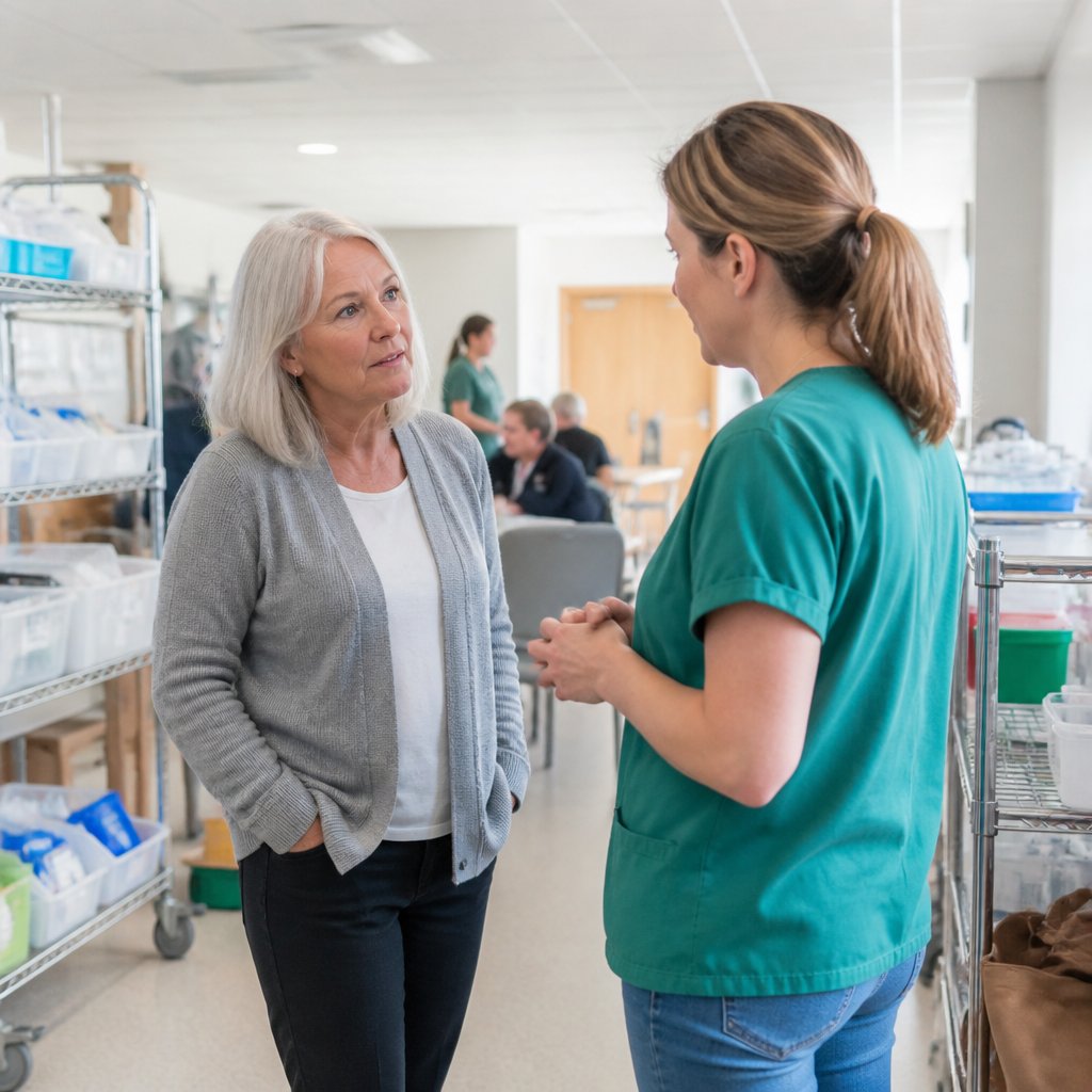 Two women discussing a serious issue in a busy hospital staff lounge.