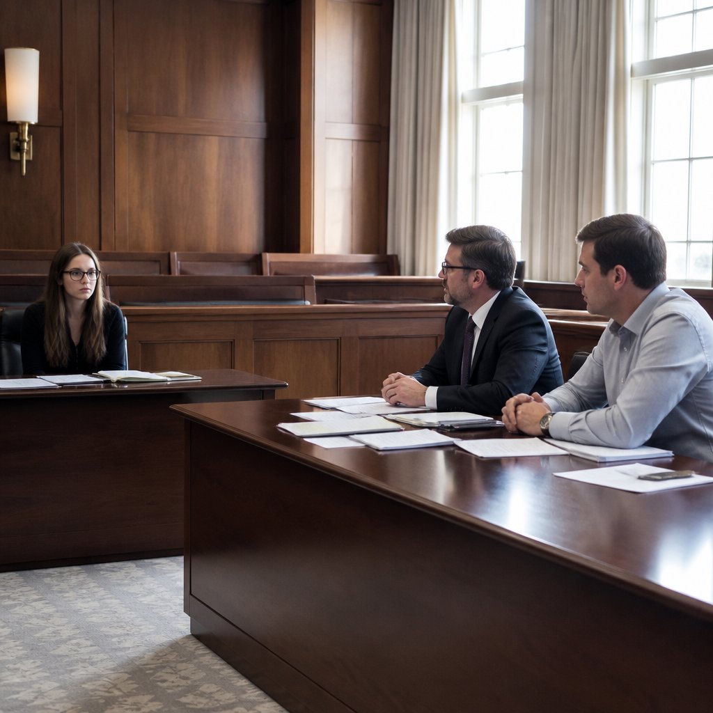 Courtroom scene with plaintiff and IT witness during testimony about disabled notification system.