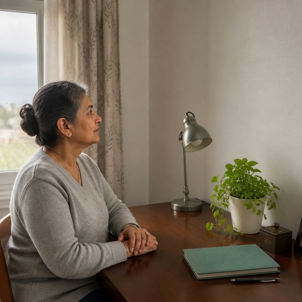 Woman sitting quietly at her home office desk, lost in thought, awaiting important documents.