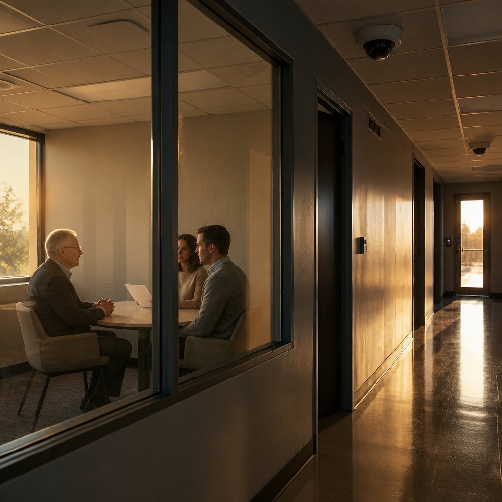 Older man being escorted to HR by staff, seated in a glass-walled office, tense conversation underway.