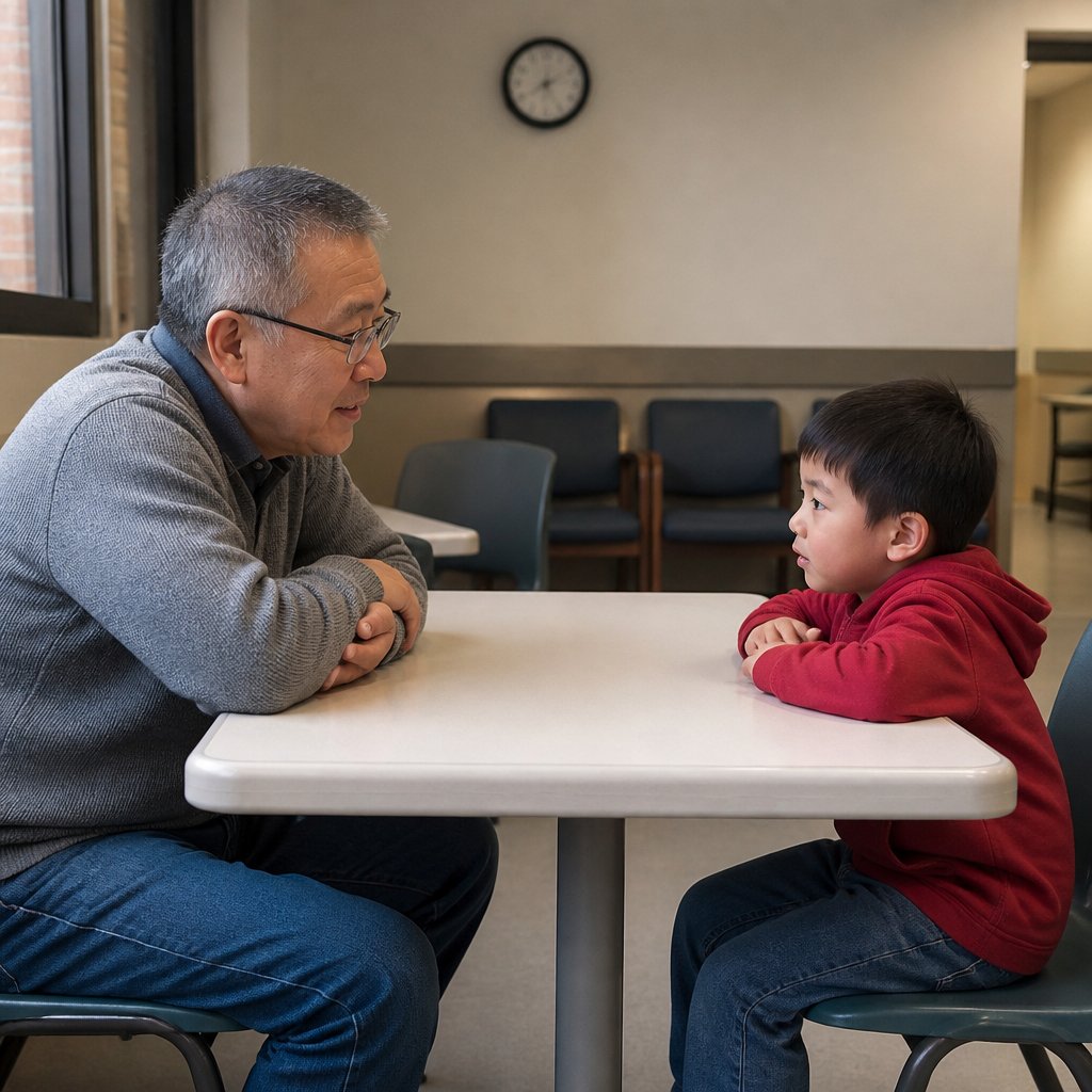 Man and young boy sitting across from each other in a visitation center, sharing a quiet moment.