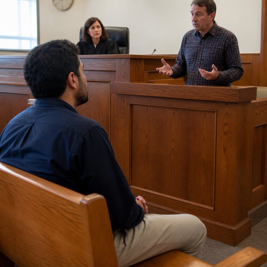 Man in courtroom watching a nervous witness at the stand, judge observing silently.