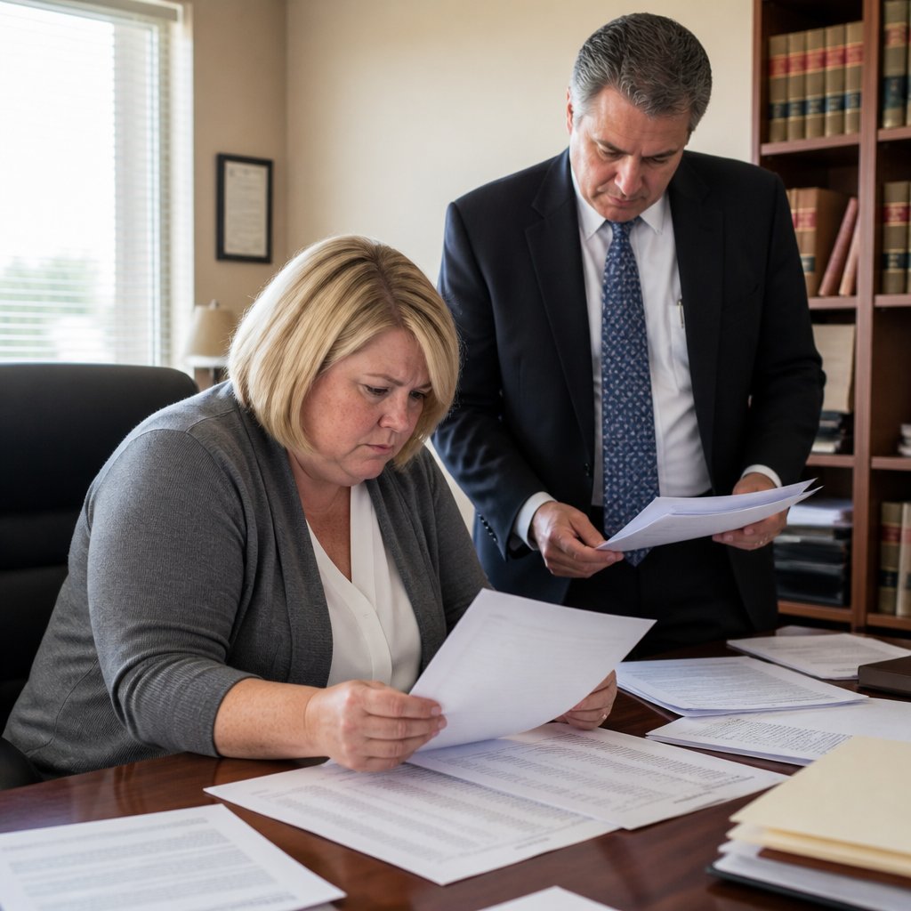 Woman and lawyer reviewing discovery documents in a small law office, both focused and tense.