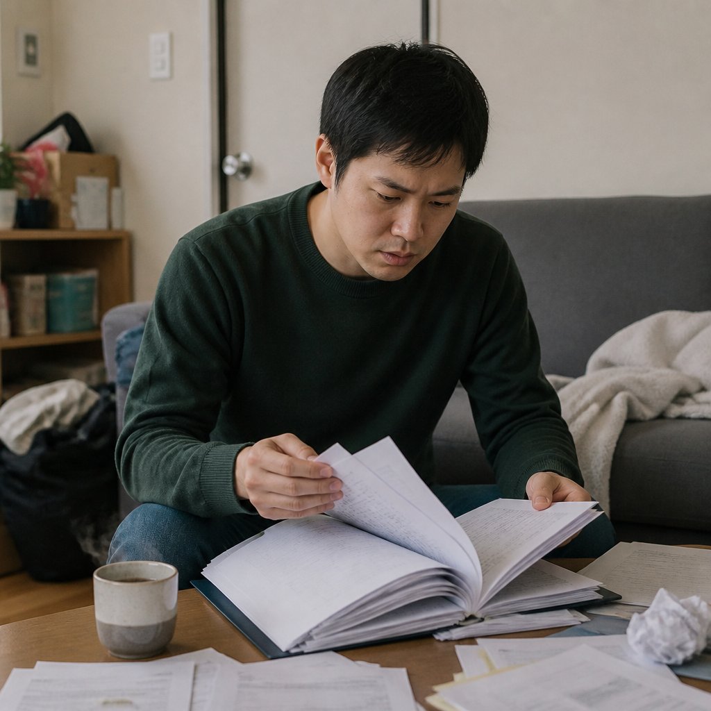 Man reviewing thick report in cluttered apartment living room, looking serious and tired.