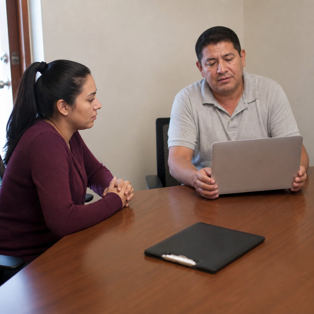 Latina woman and IT admin in a hearing room with laptop, tense expressions
